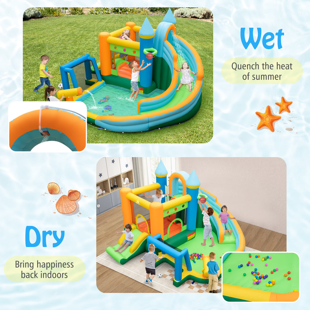 Inflatable water slide with dual slides, splash pool, and sports features for outdoor fun and indoor play.