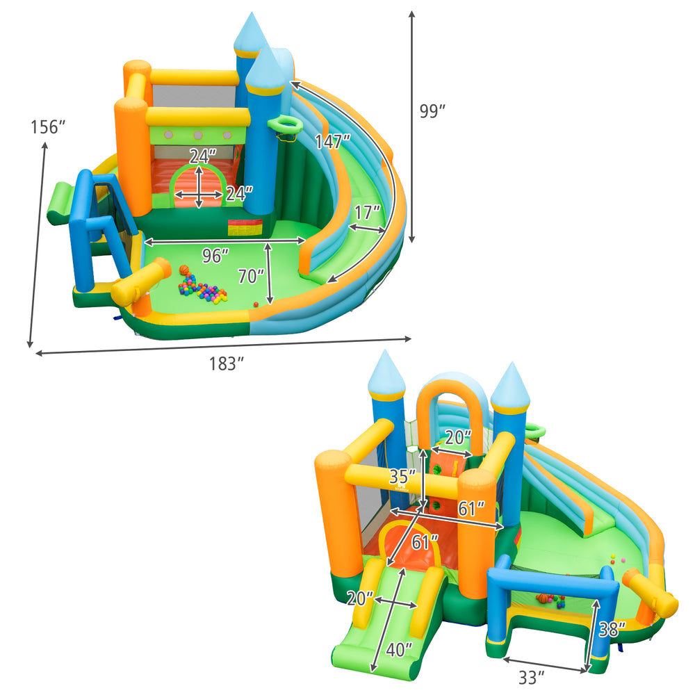 Inflatable water slide with dual slides, splash pool, and climbing wall, perfect for summer fun and outdoor play.