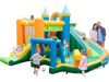 Colorful inflatable water slide with dual slides and splash pool, perfect for outdoor summer fun for kids.