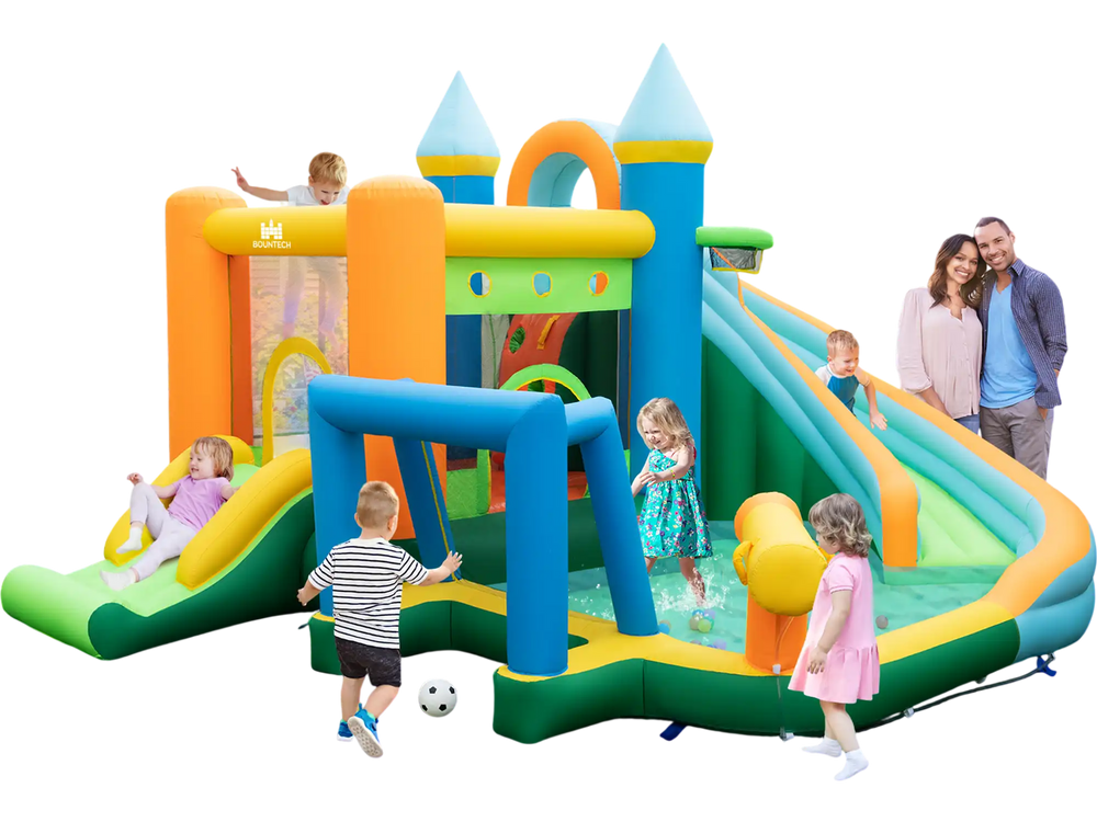 Colorful inflatable water slide with dual slides and splash pool, perfect for outdoor summer fun for kids.