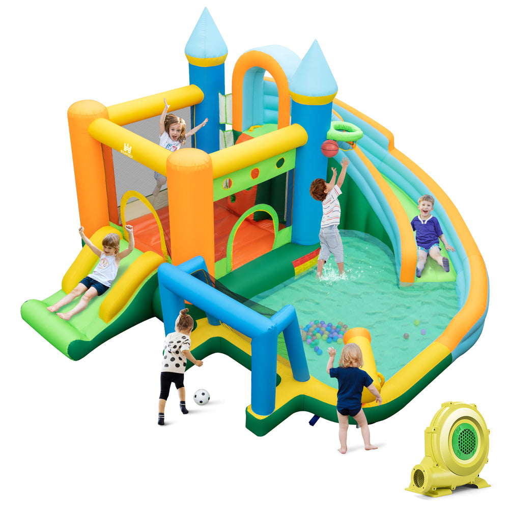 Inflatable water slide bounce house with dual slides, splash pool, and colorful ocean balls for outdoor fun.
