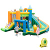 Colorful inflatable water slide with dual slides, splash pool, and various games for kids' outdoor fun.