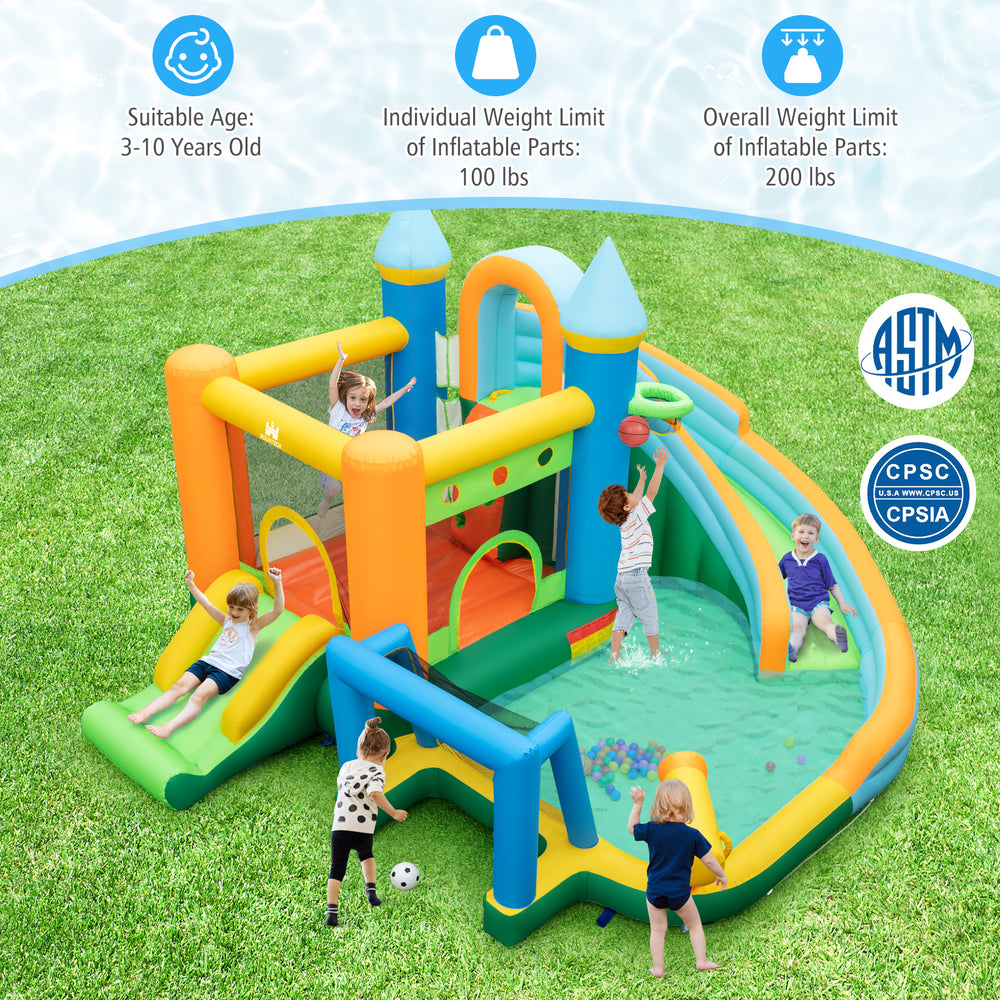 Inflatable water slide with dual slides and splash pool, includes basketball and soccer features for outdoor fun.
