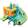 Inflatable water slide bounce house with dual slides, splash pool, and sports features for outdoor fun.