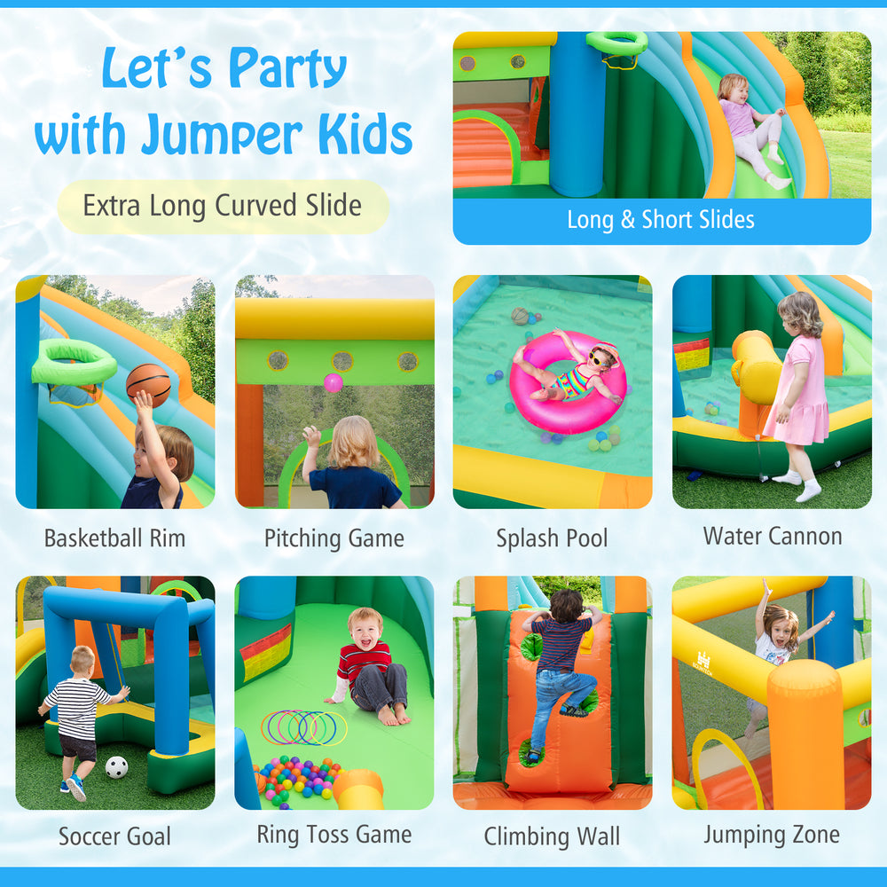 Inflatable water slide with dual slides, splash pool, and climbing wall for outdoor fun and summer activities.