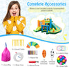 Inflatable water slide bounce house with dual slides, splash pool, and colorful accessories for summer fun.