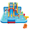 Inflatable water slide park featuring a long slide, splash pools, and ball pit, perfect for summer fun in the backyard.