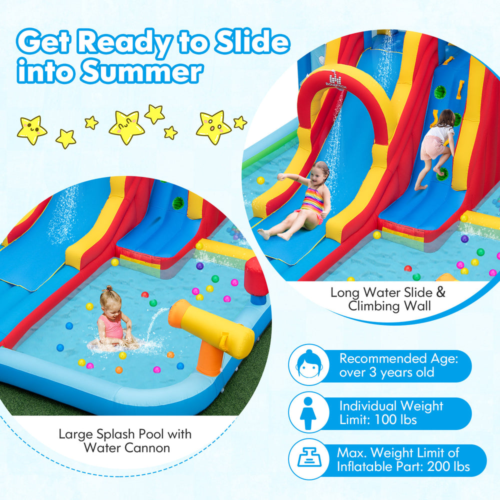 Inflatable water slide park featuring a long slide, splash pool, and ball pit, perfect for summer fun and outdoor play.