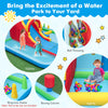 Inflatable water slide park featuring a long slide, splash pools, ball pit, and various games for summer fun.