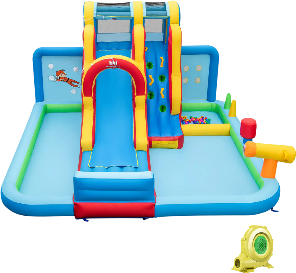 Inflatable Water Slide Water Park with Long Slide and Splash Pools and Ball Pit with 735W Blower