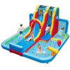 Inflatable water slide park featuring long slides, splash pools, and a ball pit for summer fun and entertainment.