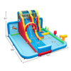 Inflatable water slide park featuring a long slide, splash pools, and ball pit, perfect for summer fun in the backyard.