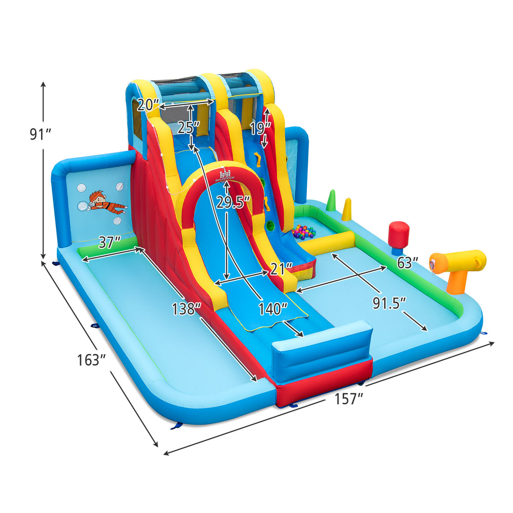 Inflatable water slide park featuring a long slide, splash pools, and ball pit, perfect for summer fun in the backyard.
