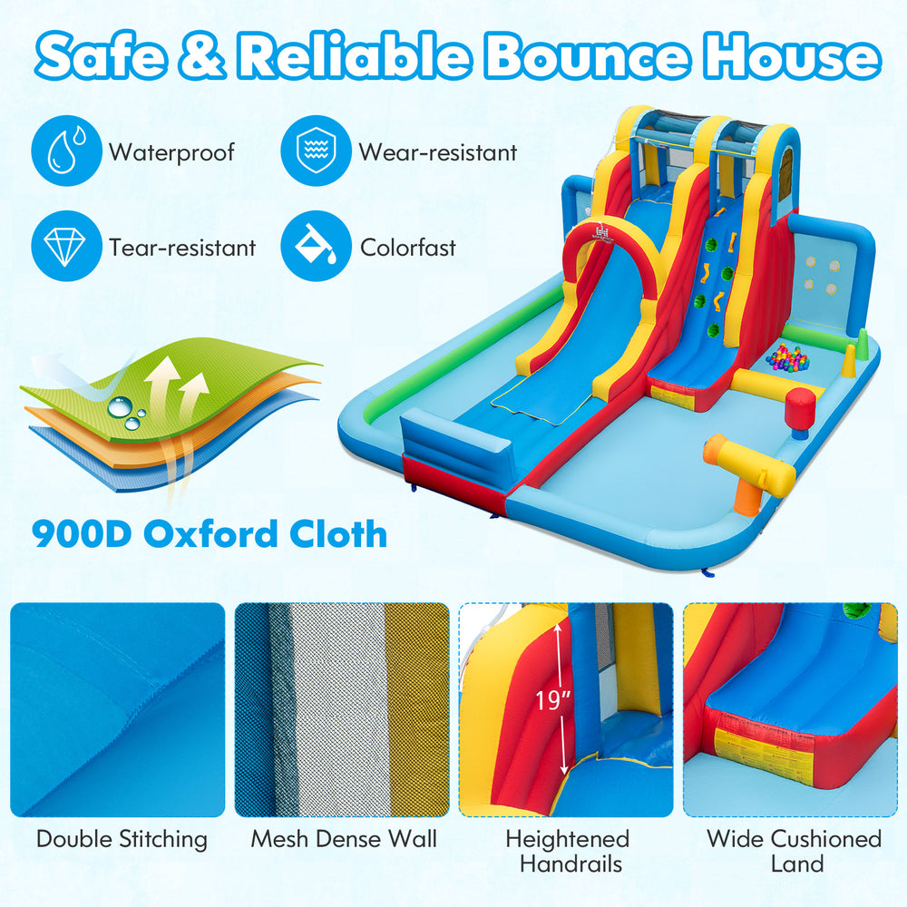Inflatable water slide park featuring a long slide, splash pools, and ball pit, made of waterproof 900D Oxford cloth.