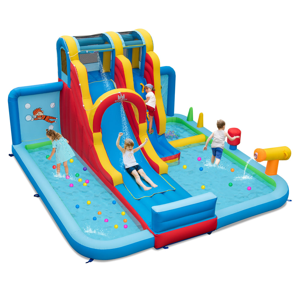 Inflatable water slide park featuring a long slide, splash pools, and ball pit for summer fun and safe outdoor play.