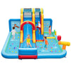 Inflatable water slide park featuring a long slide, splash pools, and ball pit for summer fun and safe play.