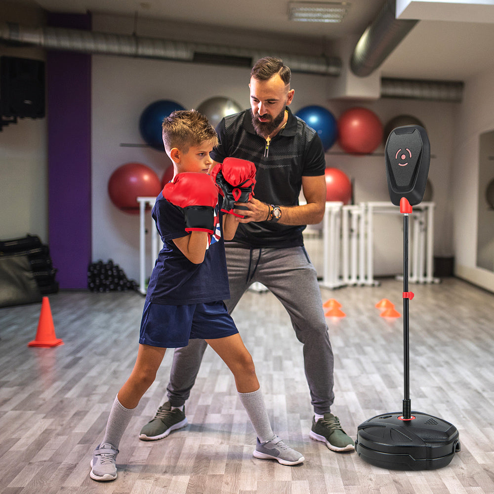 Kids' inflation-free boxing set with adjustable punching bag and gloves, designed for efficient training for ages 5+.
