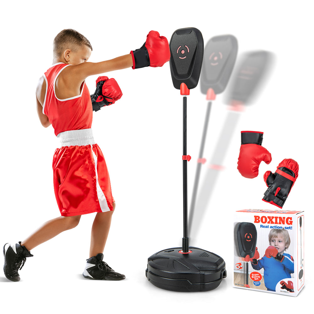 Young boxer training with an inflation-free punching bag and gloves, designed for kids aged 5+, featuring quick rebound.