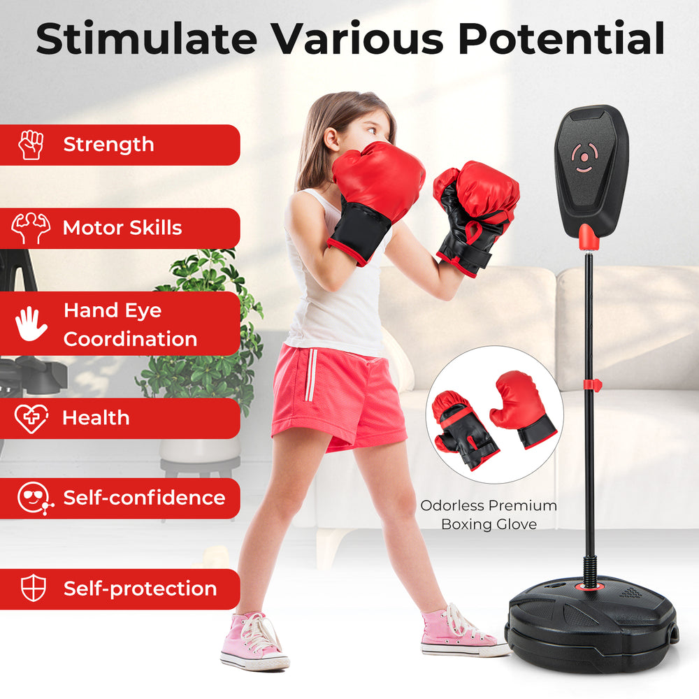 Adjustable inflation-free punching bag with odorless boxing gloves, designed for kids 5+, promoting strength and.