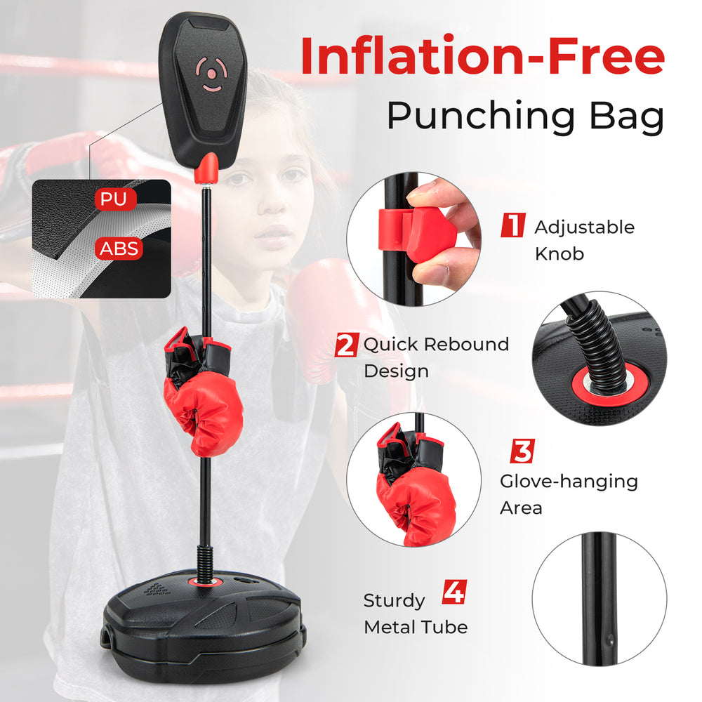 Inflation-free punching bag with adjustable height and quick rebound design, ideal for kids aged 5+ training.