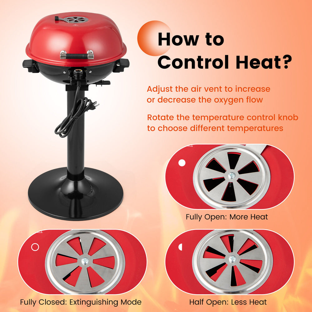 Adjustable air vent and temperature control knob of the 1600W Electric BBQ Grill in red for optimal cooking.