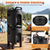 Stacked insulated beverage dispensers in black with ergonomic handles, ideal for catering and outdoor events.