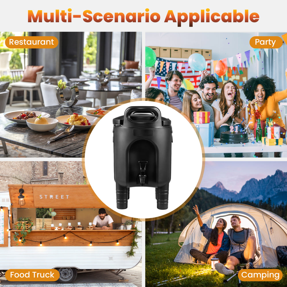 Black insulated beverage dispenser set of 2 with ergonomic handles, ideal for parties, camping, and catering events.