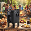 Black insulated beverage dispenser with ergonomic handles, perfect for camping and outdoor gatherings, featuring.