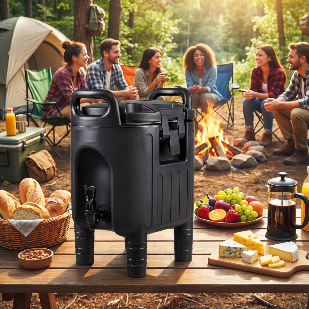 Black insulated beverage dispenser with ergonomic handles, perfect for camping and outdoor gatherings, featuring.