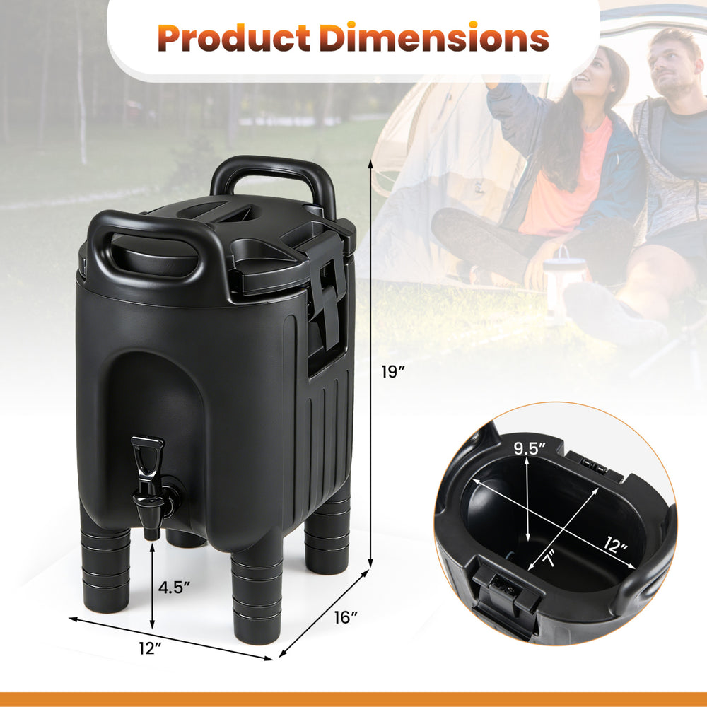 Black insulated beverage dispenser with ergonomic handles, measuring 19" tall and 16" wide, ideal for parties and.