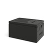 Insulated food pan carrier with a 49-quart capacity, stackable design, and built-in handles for easy transport.