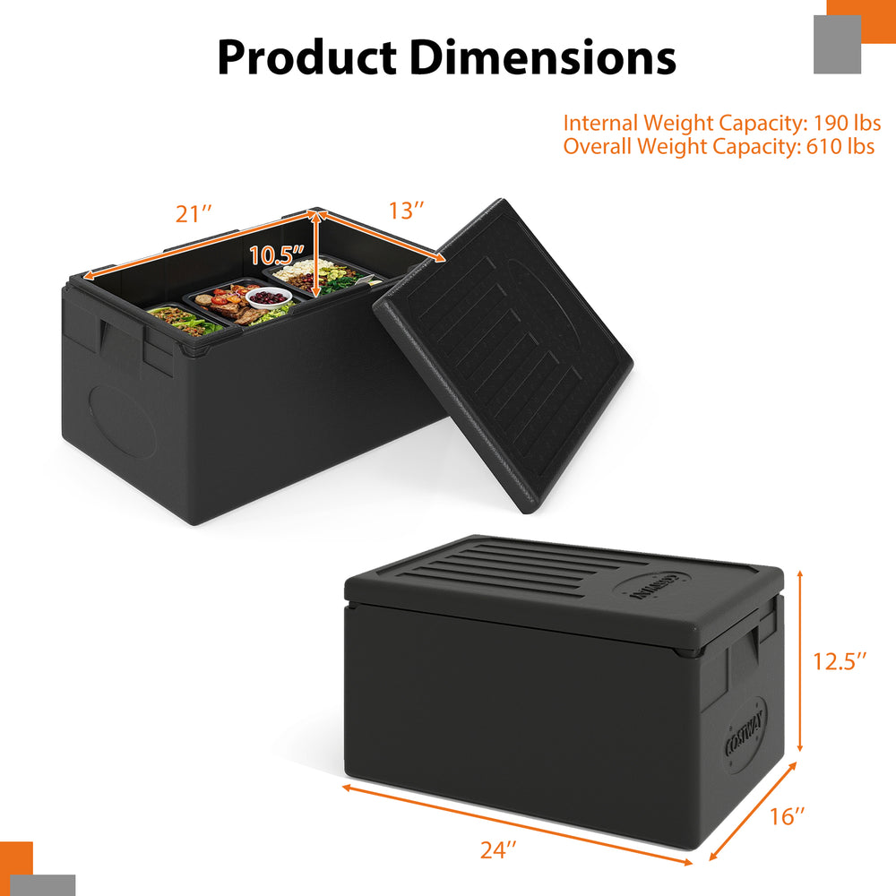 Insulated food pan carrier with dimensions 24" x 13" x 12.5", 49-quart capacity, ideal for catering and camping.