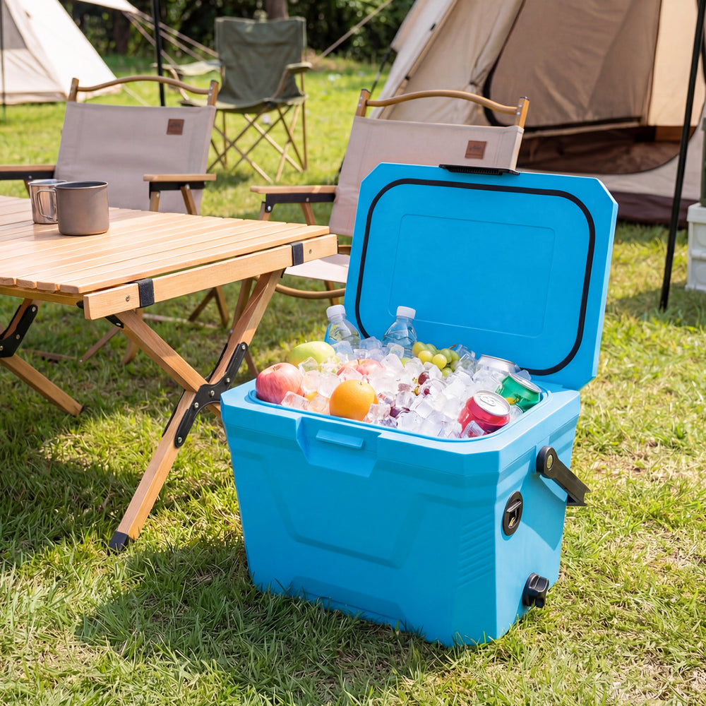 Blue insulated portable cooler with ice, cup holders, and spacious interior, ideal for camping and outdoor activities.