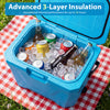Insulated portable cooler in blue with drinks and ice, featuring triple-layer insulation for up to 36 hours of cold.