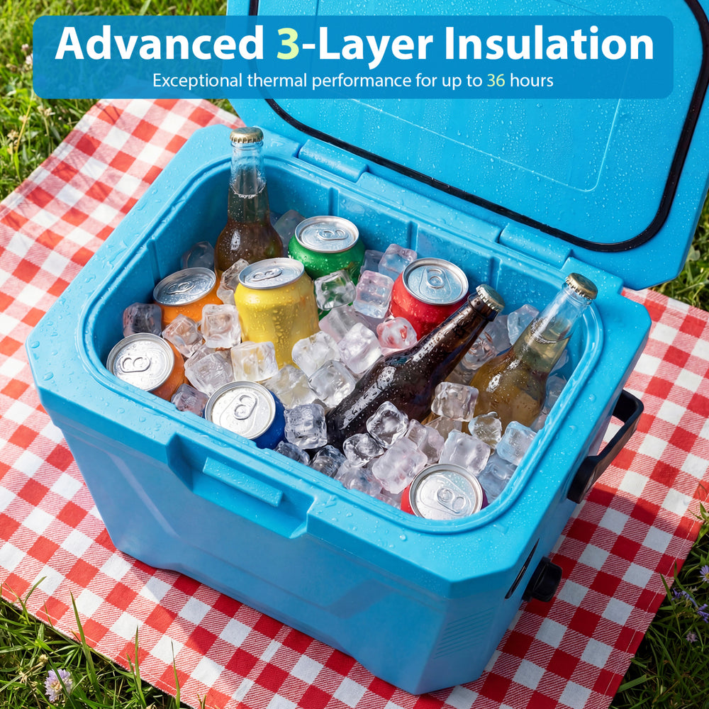 Insulated portable cooler in blue with drinks and ice, featuring triple-layer insulation for up to 36 hours of cold.
