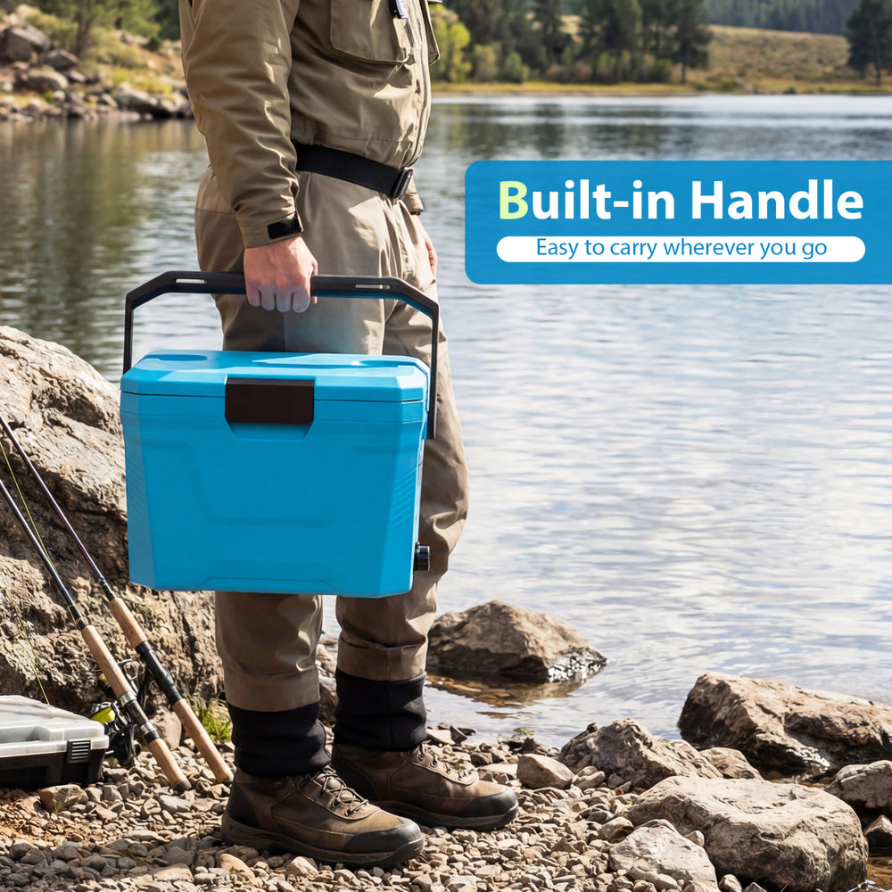 Insulated portable cooler in blue with built-in handle, perfect for outdoor activities like camping and fishing.