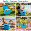 Insulated portable cooler in blue with cup holders, ideal for camping, fishing, and beach picnics.