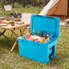 Bright blue insulated portable cooler with drinks, featuring cup holders and a bottle opener, ideal for camping and.