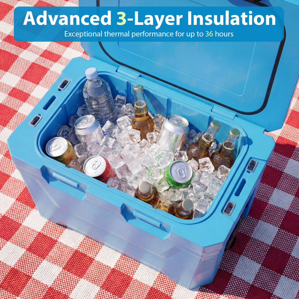 Blue insulated portable cooler with triple-layer insulation, cup holders, and bottle opener for outdoor activities.