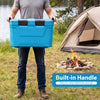 Insulated portable cooler in blue with built-in handle, perfect for camping and outdoor activities, featuring cup.