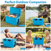 Insulated portable cooler in blue with cup holders, ideal for camping, fishing, beach trips, and picnics.