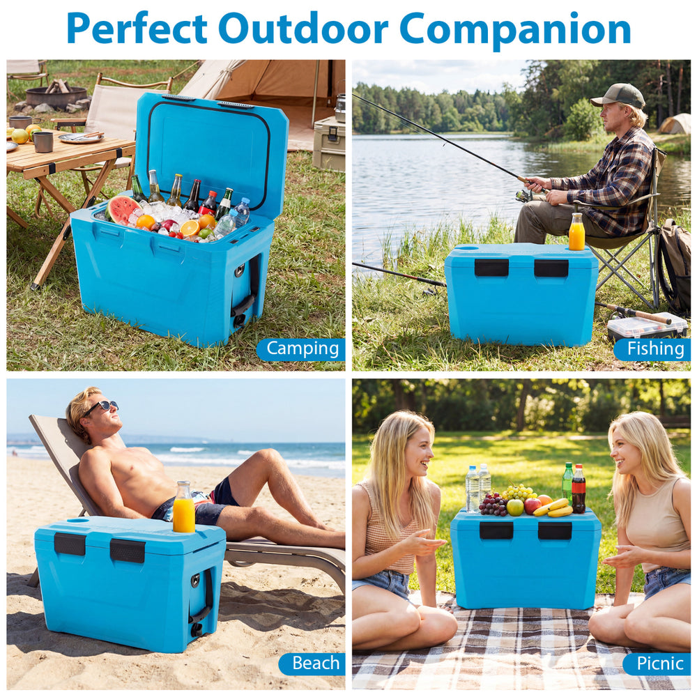 Insulated portable cooler in blue with cup holders, ideal for camping, fishing, beach trips, and picnics.