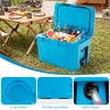 Insulated blue cooler with cup holders, bottle opener, and fish measuring ruler, ideal for camping and outdoor.