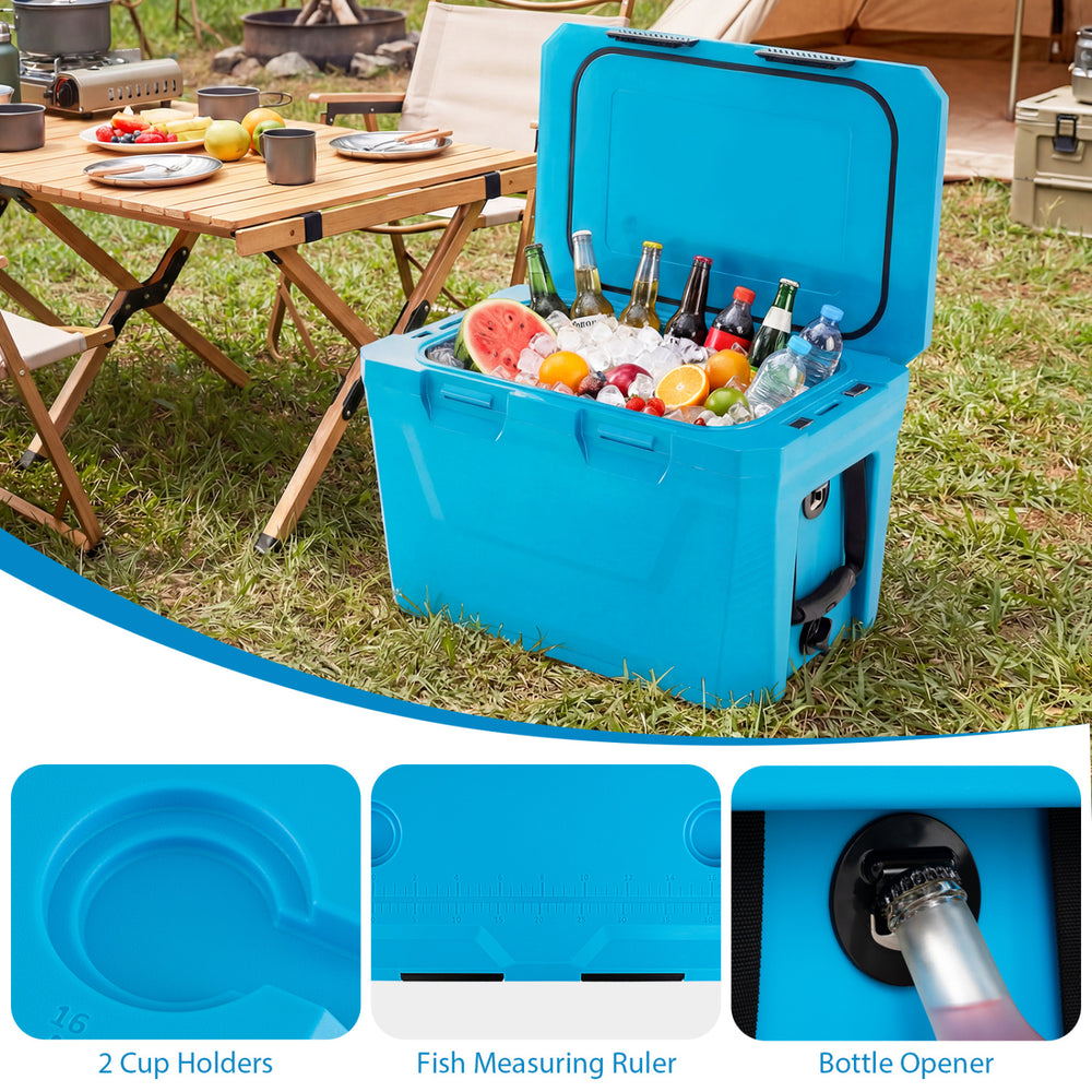 Insulated blue cooler with cup holders, bottle opener, and fish measuring ruler, ideal for camping and outdoor.