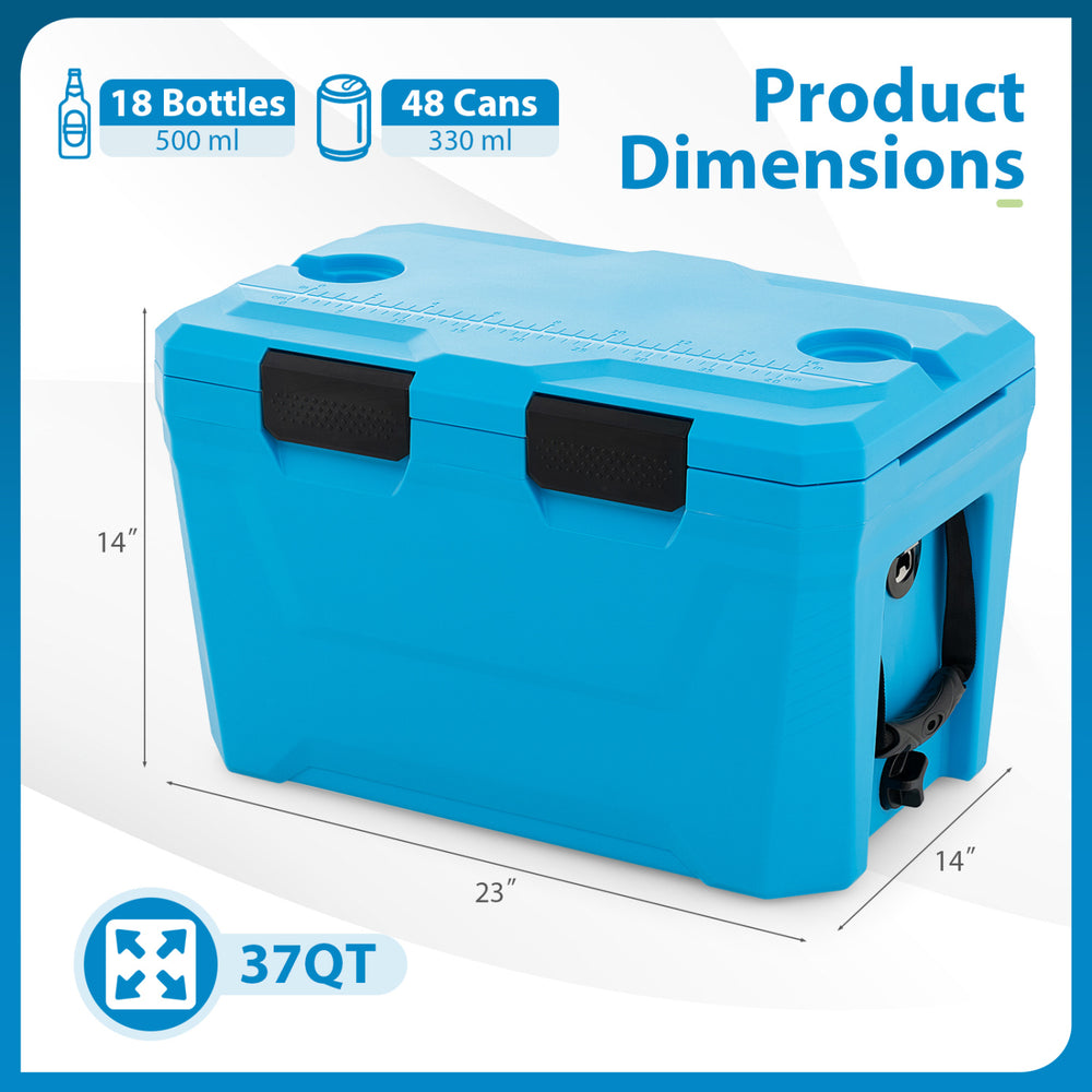 Insulated portable cooler in blue, 37QT capacity, featuring cup holders, bottle opener, and drain plug for outdoor use.