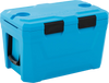 Blue insulated portable cooler with cup holders and bottle opener, designed for outdoor activities and ice retention up.