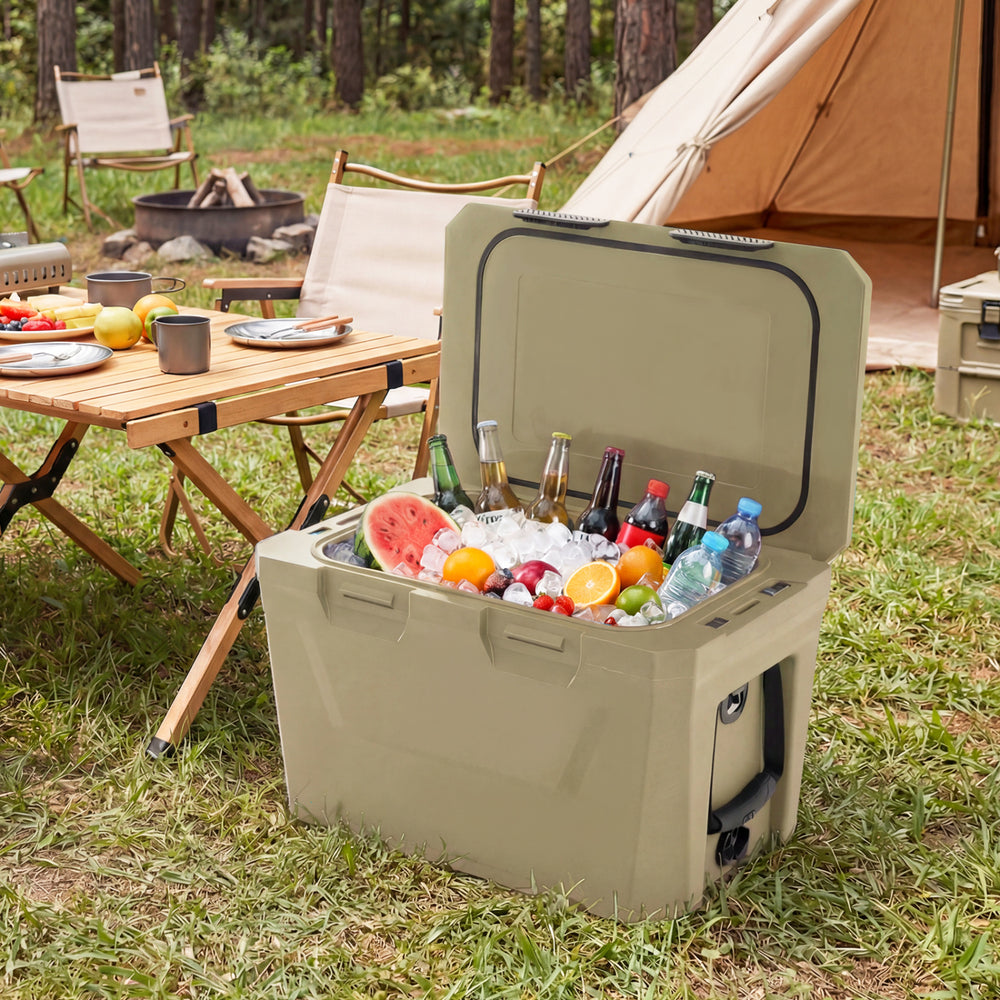 Insulated Portable Cooler Hard Shell Ice Chest with 2 Cup Holders Bottle Opener and Drain Plug-Sand Color - Gallery View 1 of 11