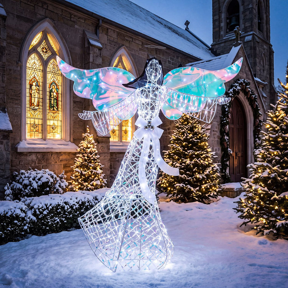 Elegant 5.2 ft iridescent Christmas angel decoration with 230 cold white LEDs, perfect for outdoor holiday displays.