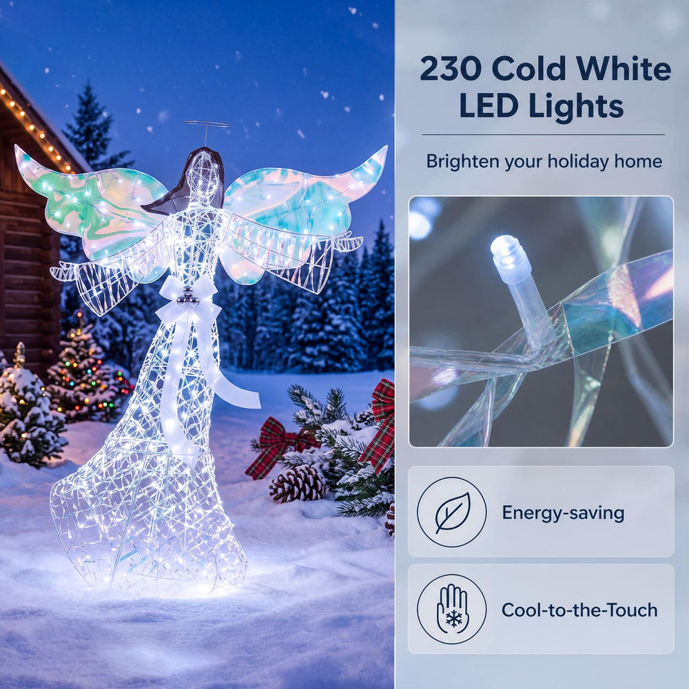 Iridescent Christmas angel decoration features cool-to-the-touch 230 cold white LEDs, ideal for festive indoor or outdoor displays.