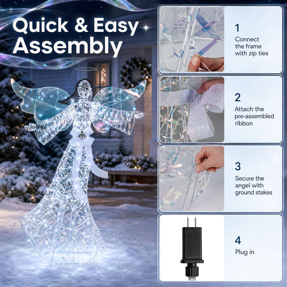 Iridescent Christmas angel decoration with 230 cold white LEDs, 5.2 ft height, perfect for indoor or outdoor holiday displays.